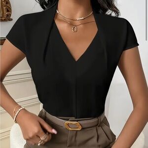 Shirred V Neck Solid V Neck Blouse, Elegant Short Sleeve Top - Black